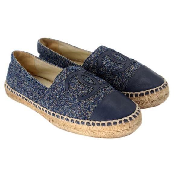 Chanel Espadrille 38 Wool Blue Tweed Cap Toe Cc Sandals CC-S0207P-C038 - Picture 4 of 11